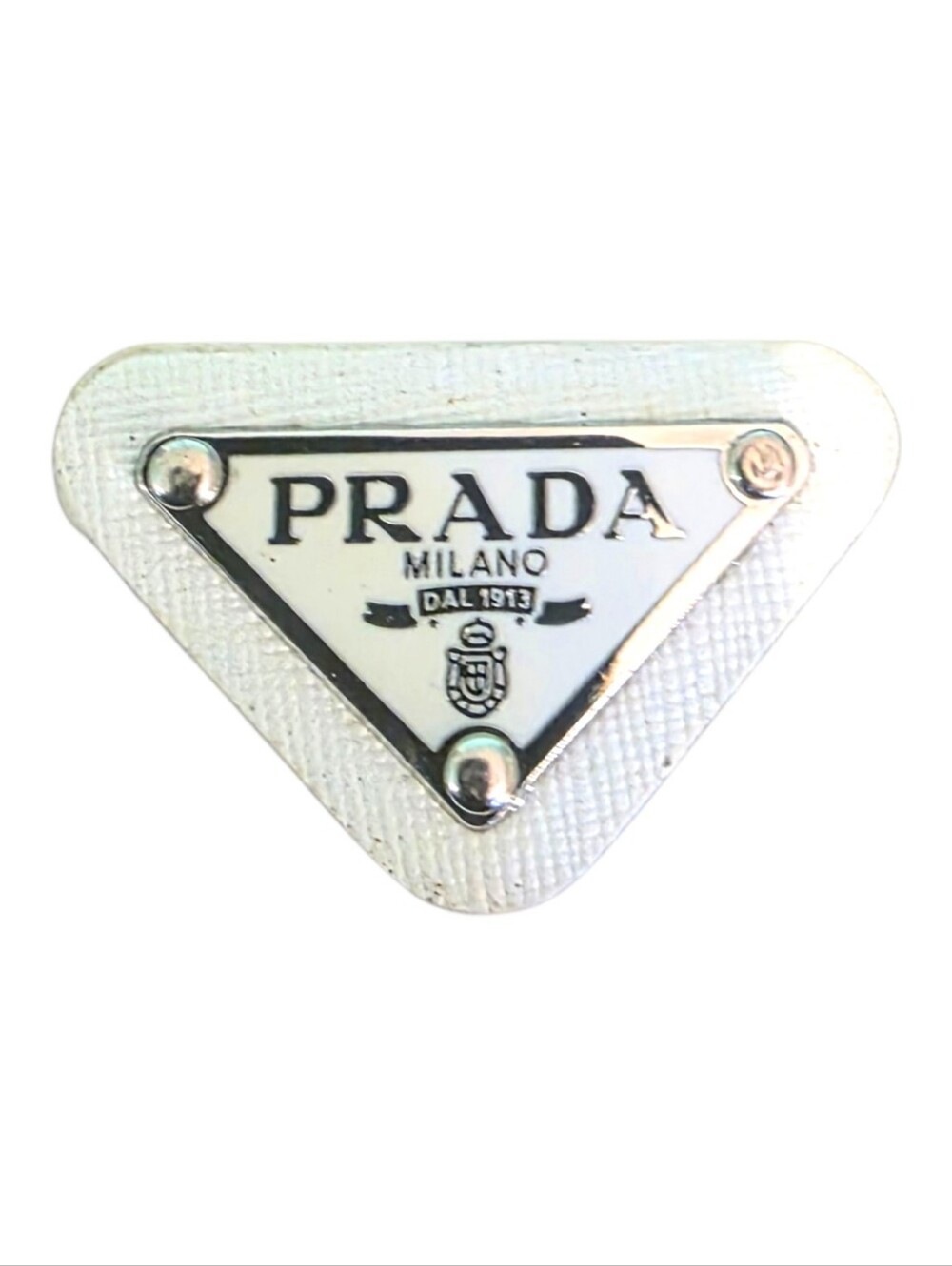 Prada Triangle Patch Designer Metal Charm Vintage Logo Replacement White Silver